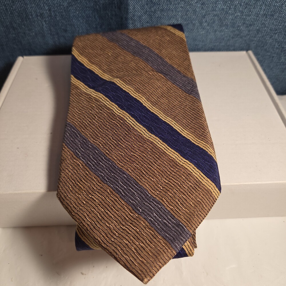 J.Z. Richards Silk Tie Edwards Michigan Brown Blue Stripe Frayed As Is Vest Tie